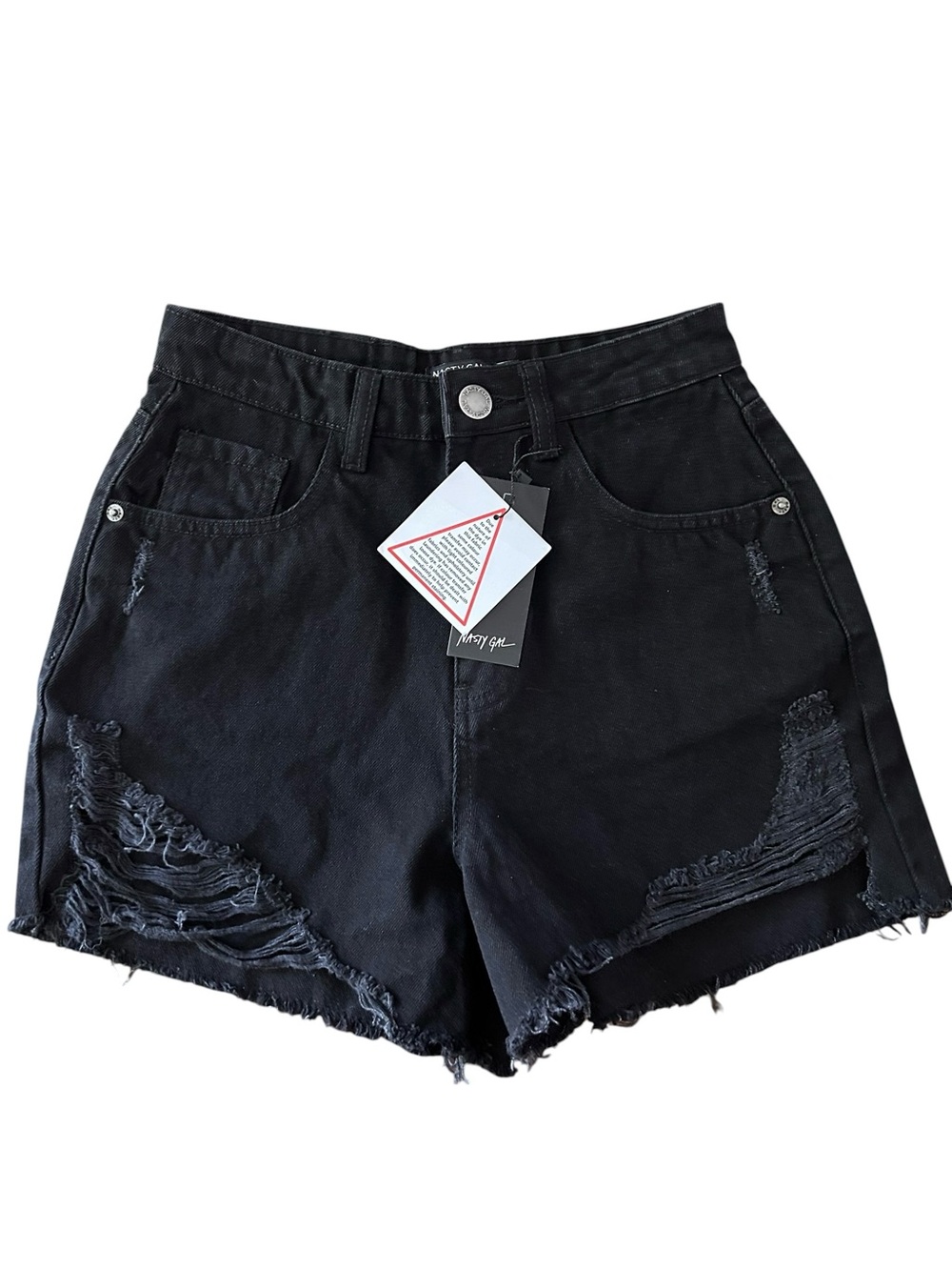 Nasty Gal Women's Love will tear us apart Black Distressed Denim Shorts sz 4 NWT